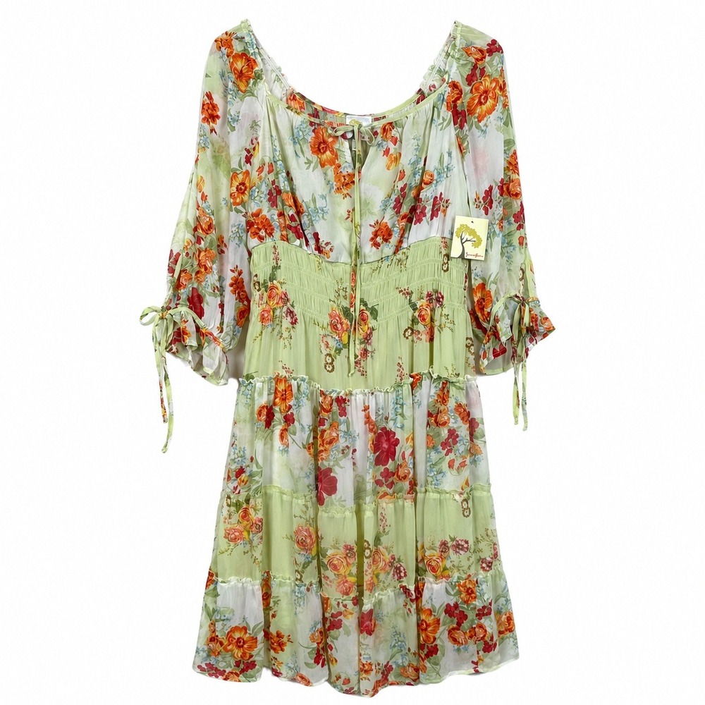 NWT Fig and Flower Peasant Floral Boho Dress Women Large Green Cottagecore Chic